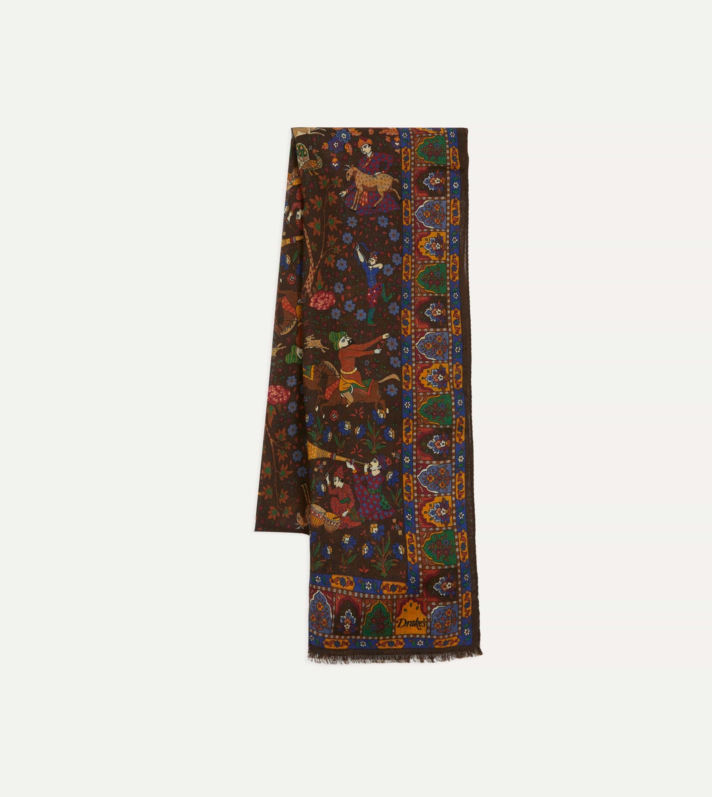 Brown Mughal Hunter Print Wool-Silk Scarf - Image 3