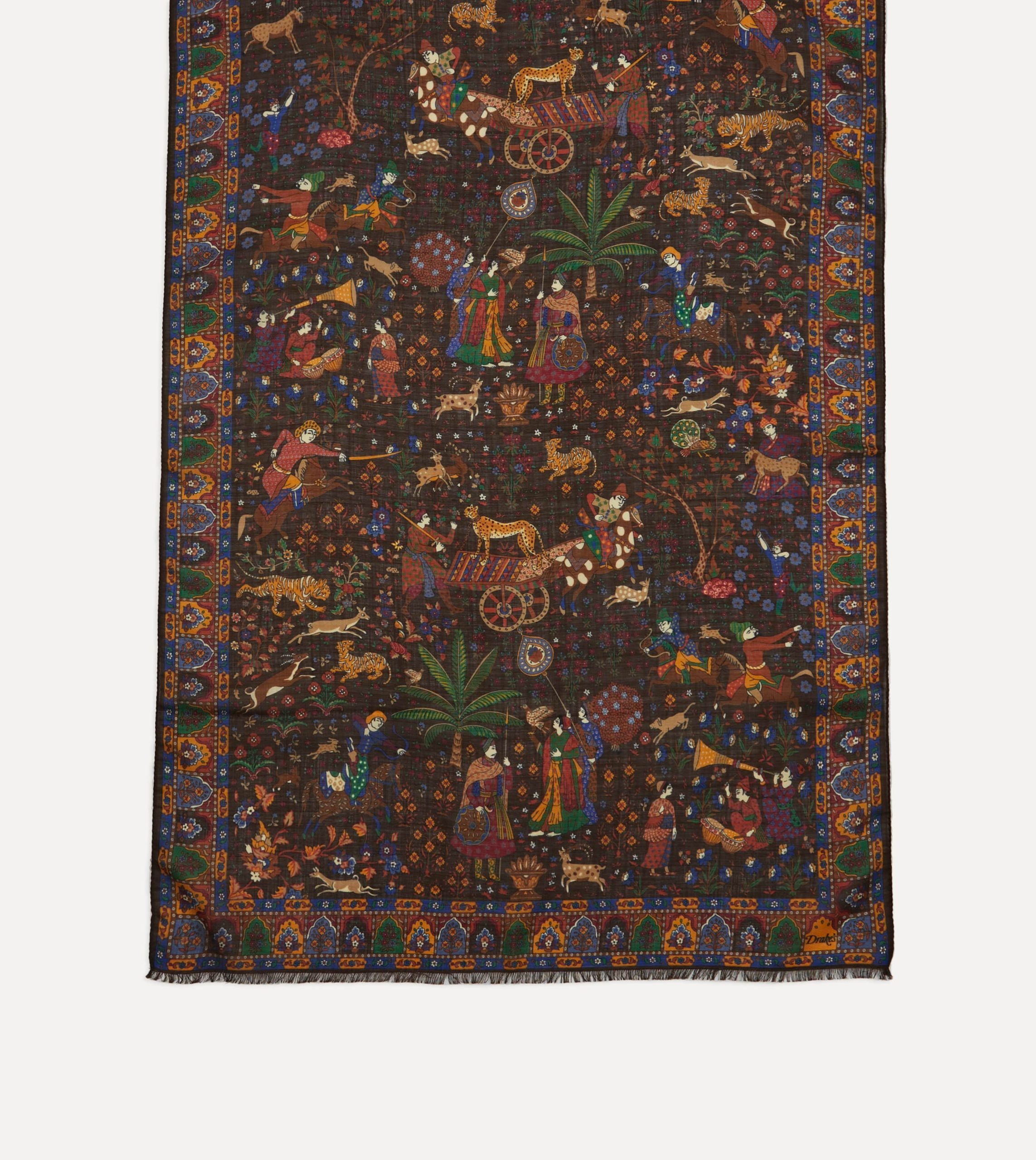 Brown Mughal Hunter Print Wool-Silk Scarf - Image 4