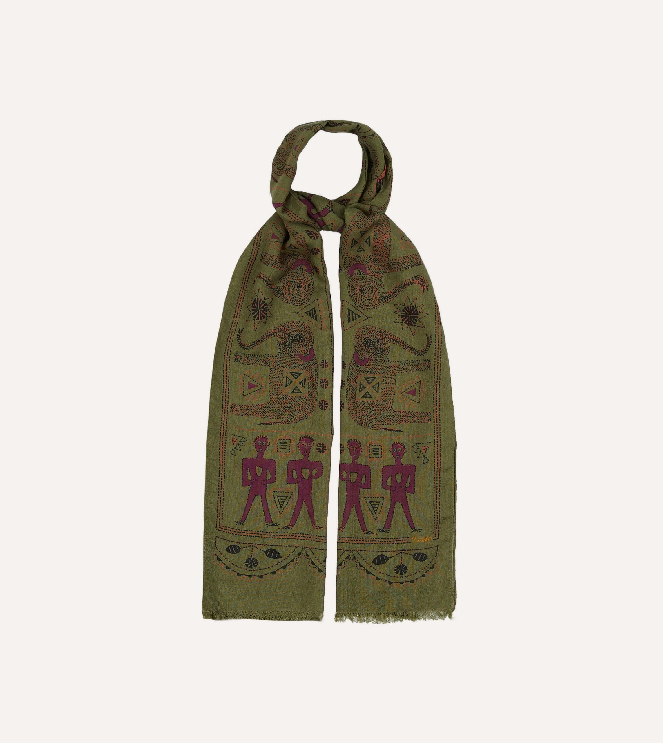 Olive Elephant Print Wool-Silk Scarf - Image 3