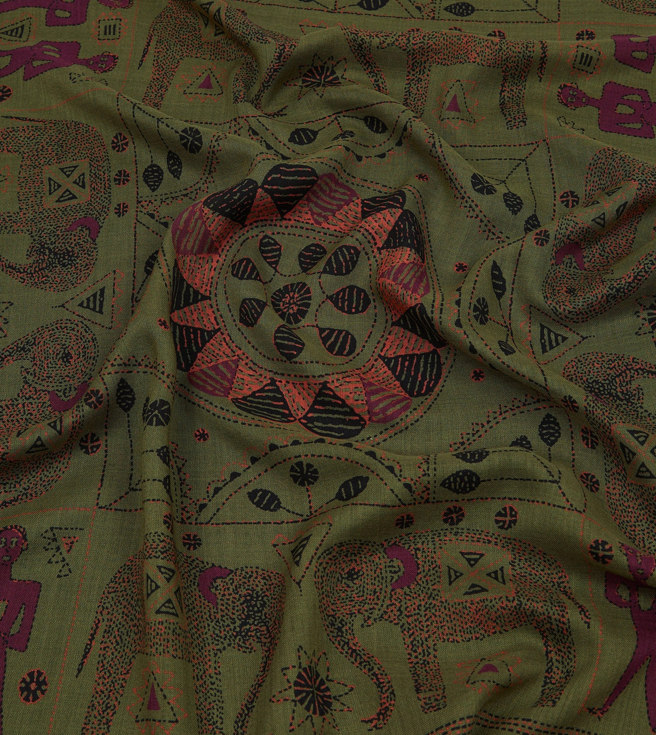 Olive Elephant Print Wool-Silk Scarf - Image 2