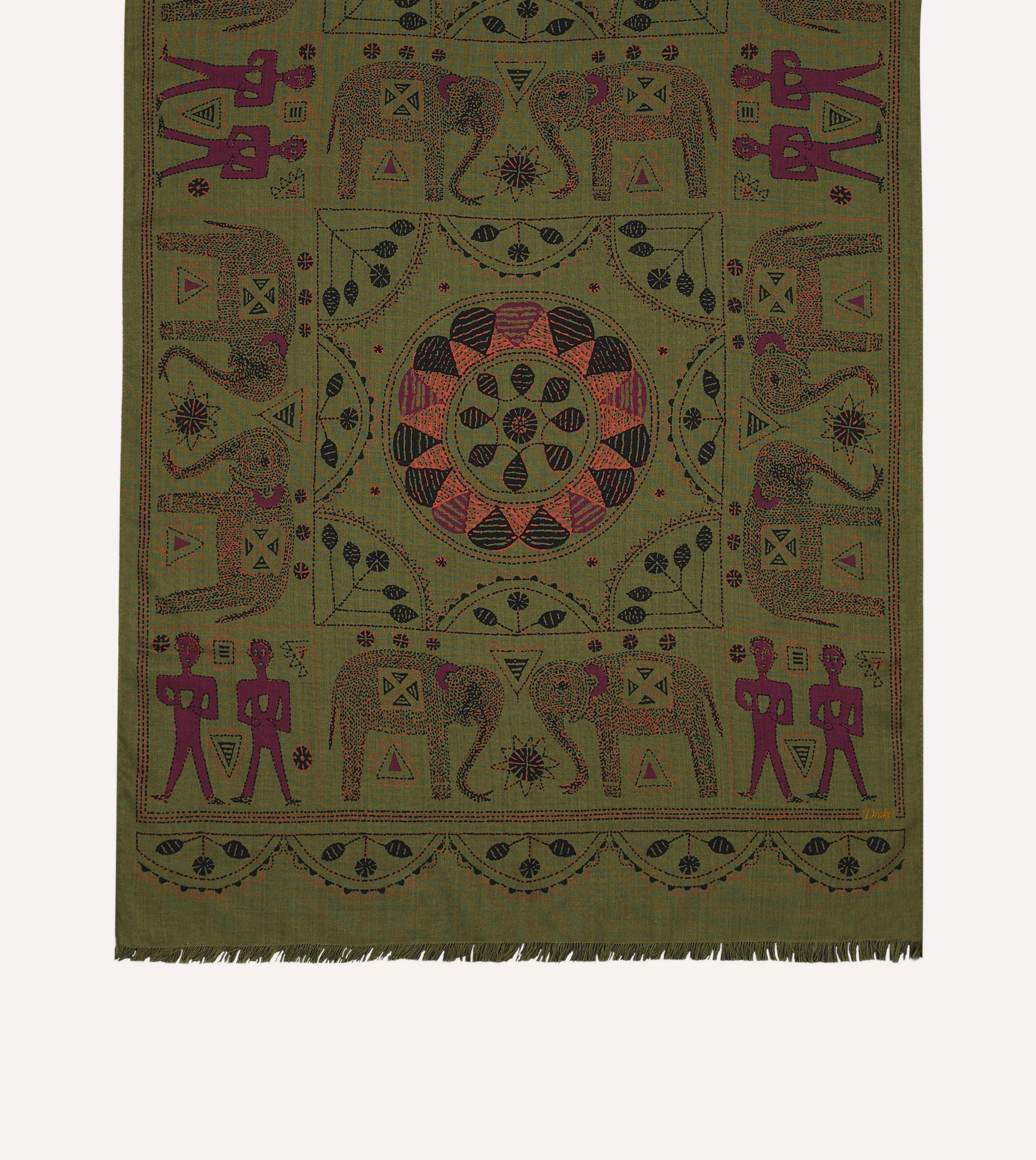 Olive Elephant Print Wool-Silk Scarf - Image 4
