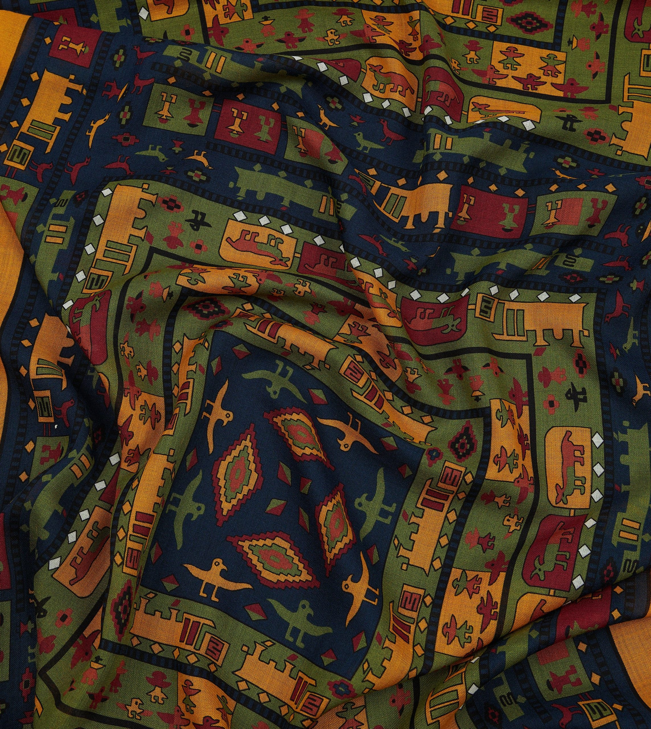 Navy and Yellow Navajo Print Wool-Silk Scarf - Image 2