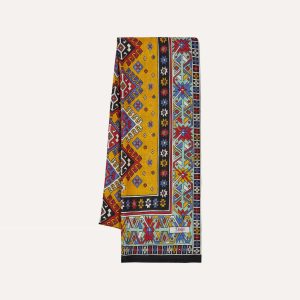 Gold and Green Kilim Print Tubular Wool Silk Scarf