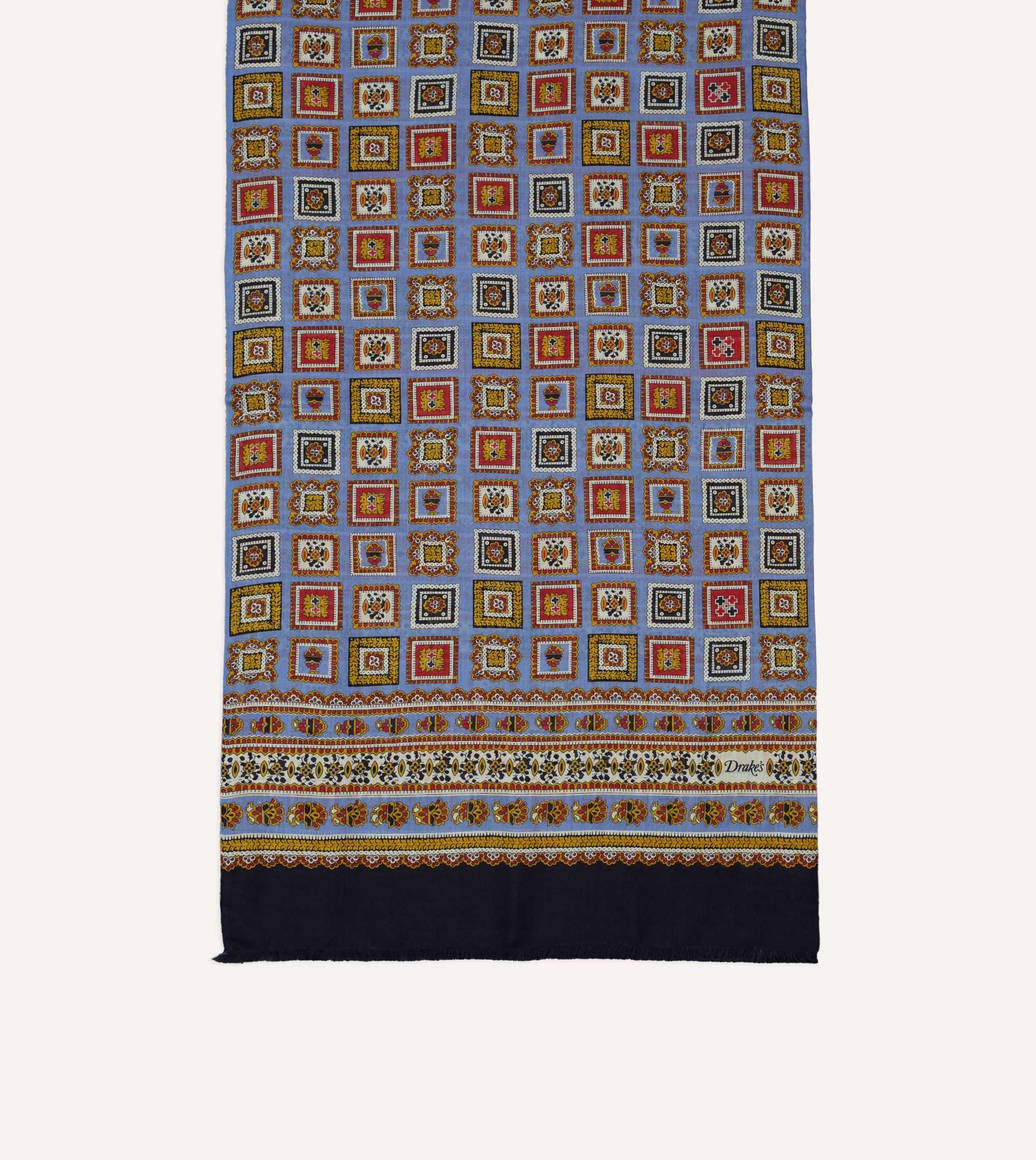 Blue and Black Medallion Print Tubular Wool Silk Scarf - Image 3