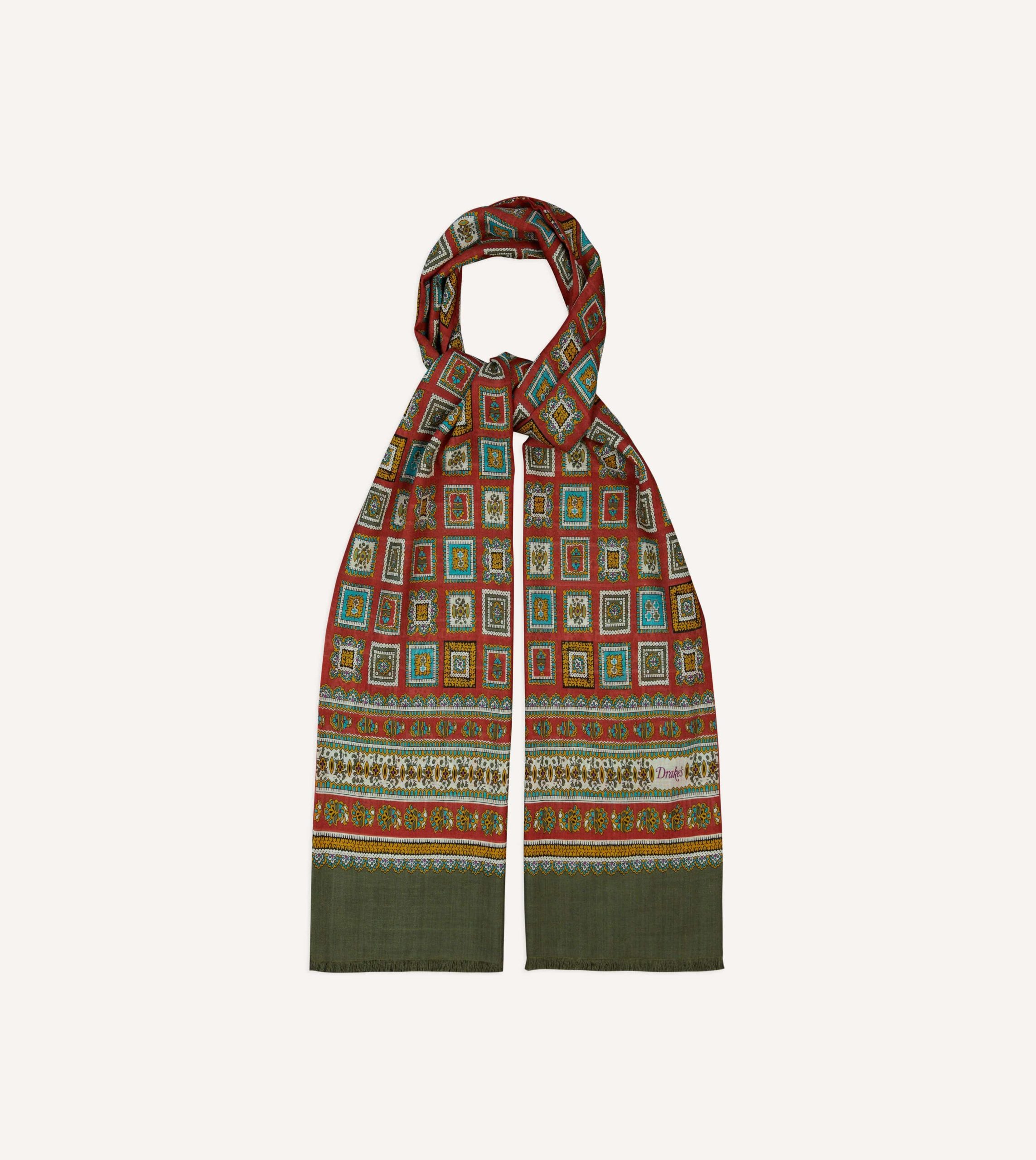 Red and Green Medallion Print Tubular Wool Silk Scarf - Image 4