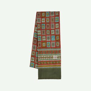 Red and Green Medallion Print Tubular Wool Silk Scarf