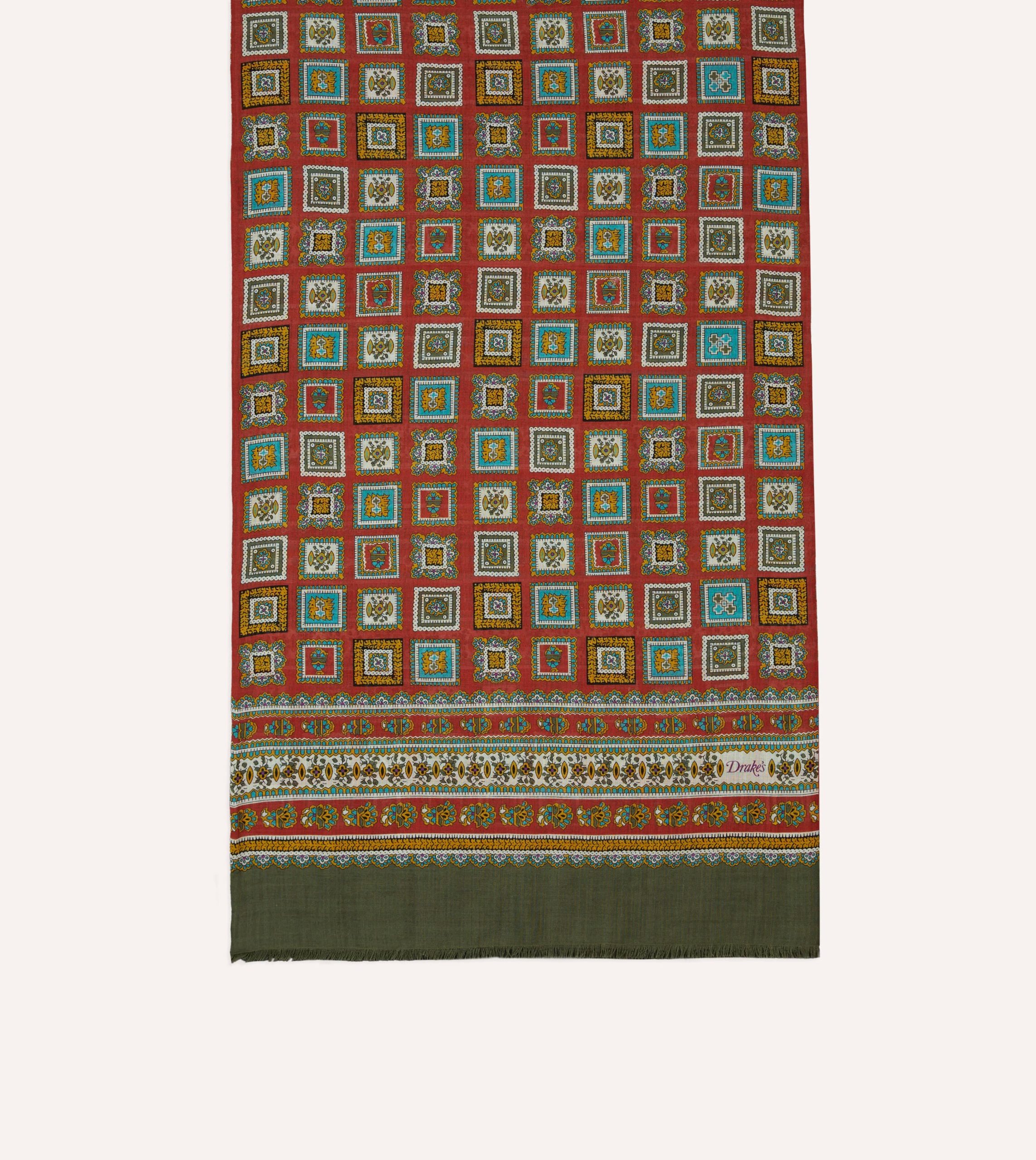 Red and Green Medallion Print Tubular Wool Silk Scarf - Image 3