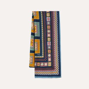 Navy Kilim Blocks Print Wool-Silk Scarf