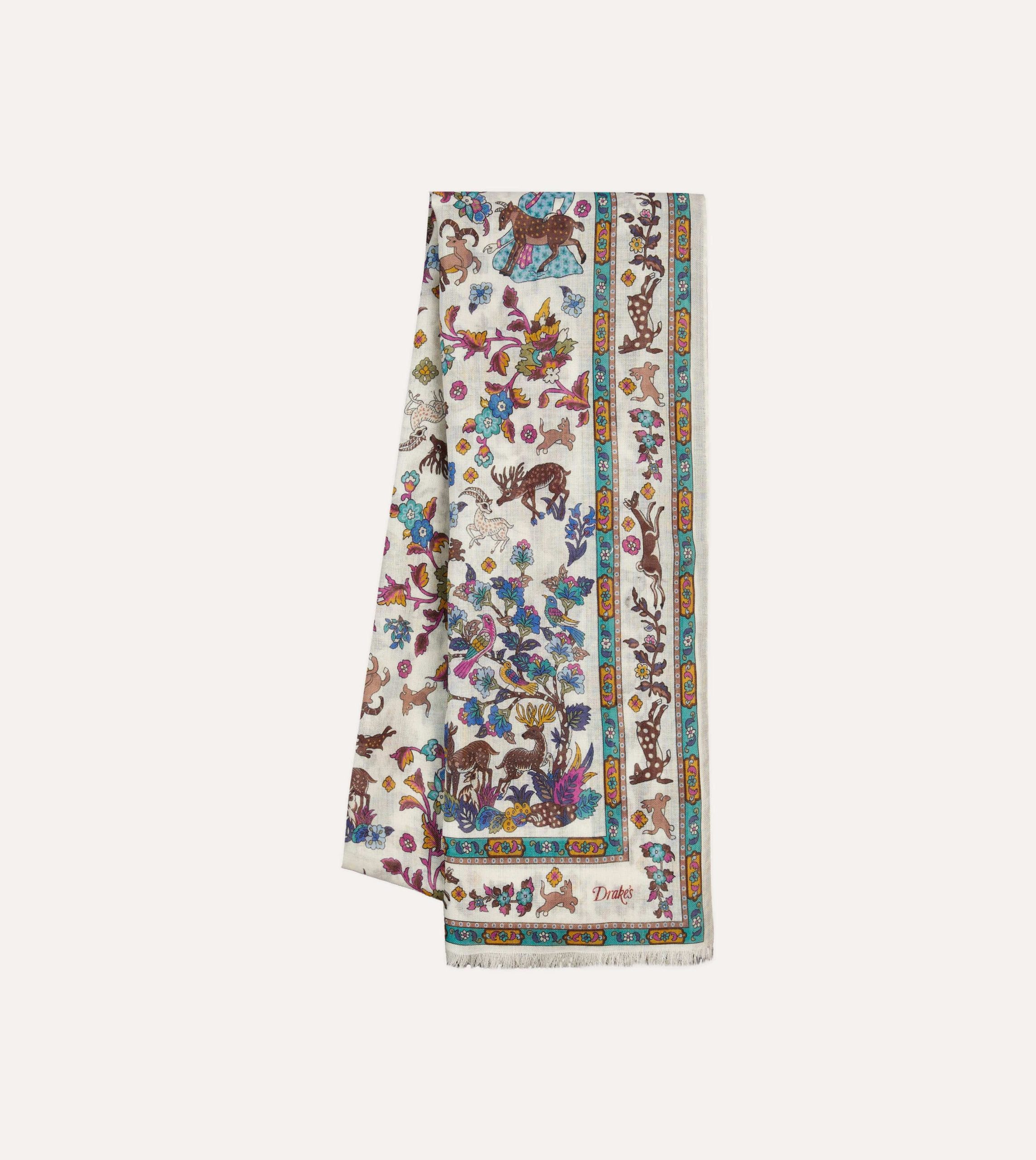 Ecru Summer Mughal Print Wool Silk Scarf