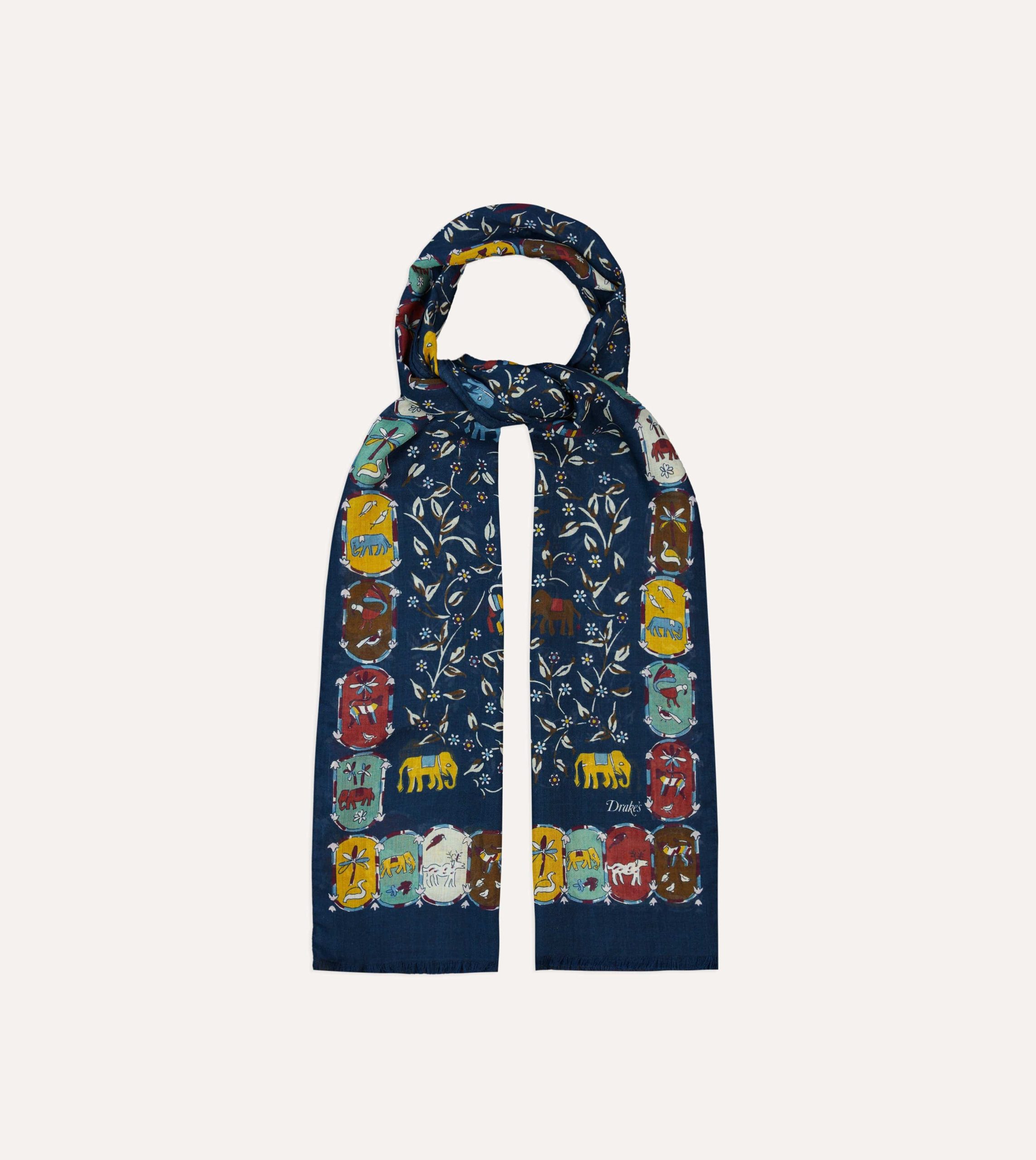 Navy Elephants and Flowers Print Wool-Silk Scarf - Image 4