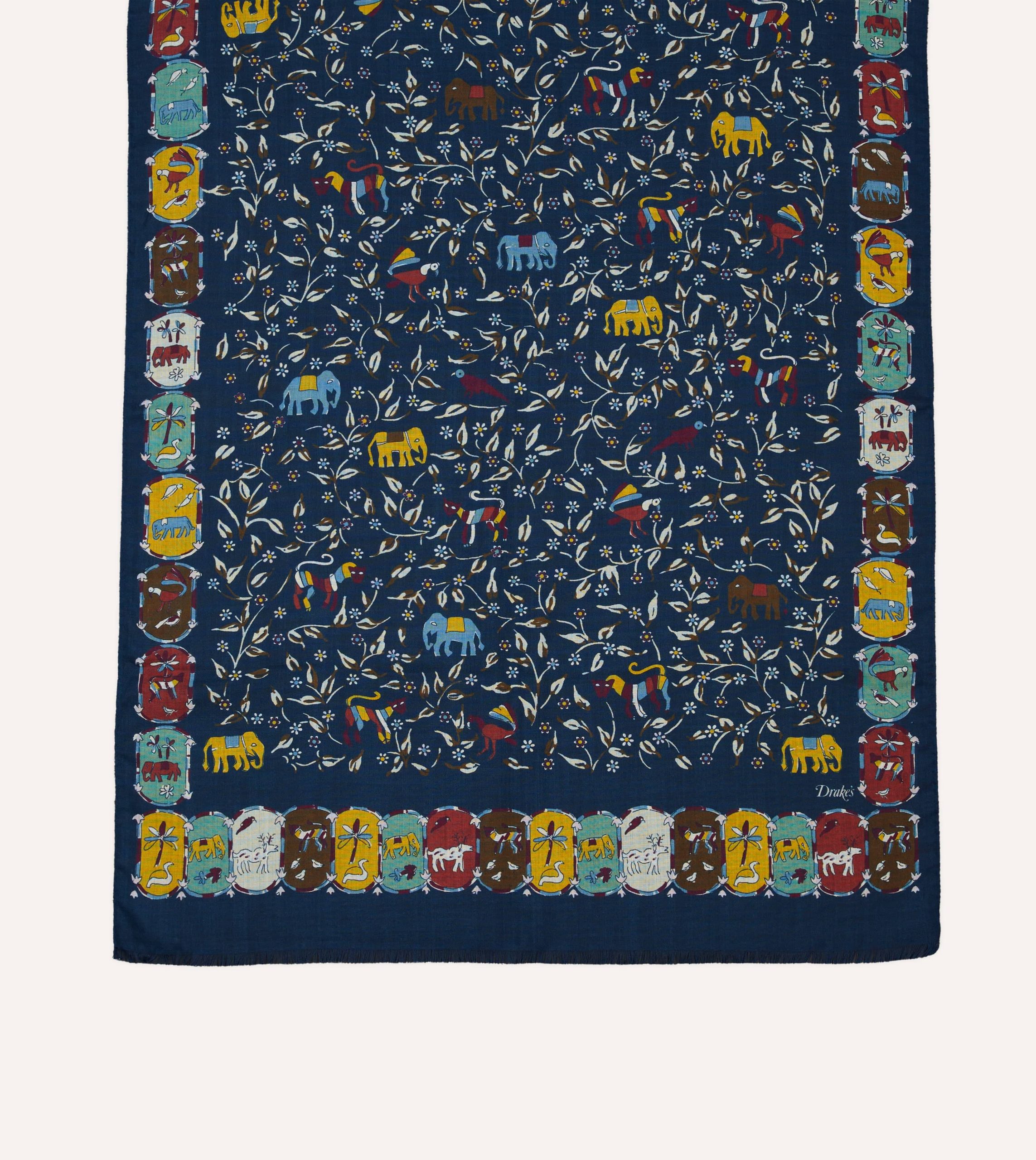 Navy Elephants and Flowers Print Wool-Silk Scarf - Image 3