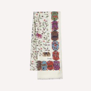 Ecru Elephants and Flowers Print Wool-Silk Scarf