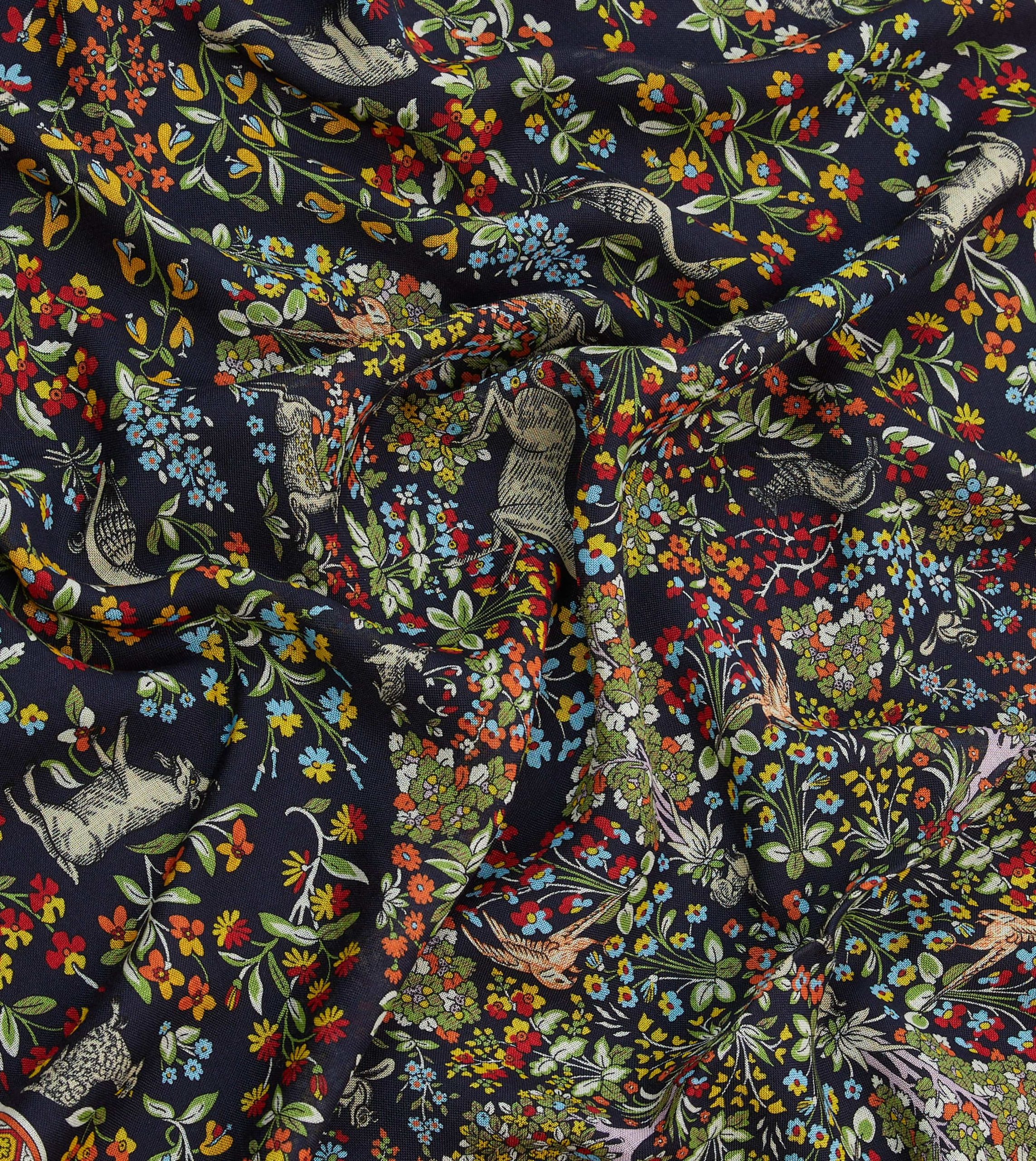 Navy Forest Animals Print Wool-Silk Scarf - Image 2