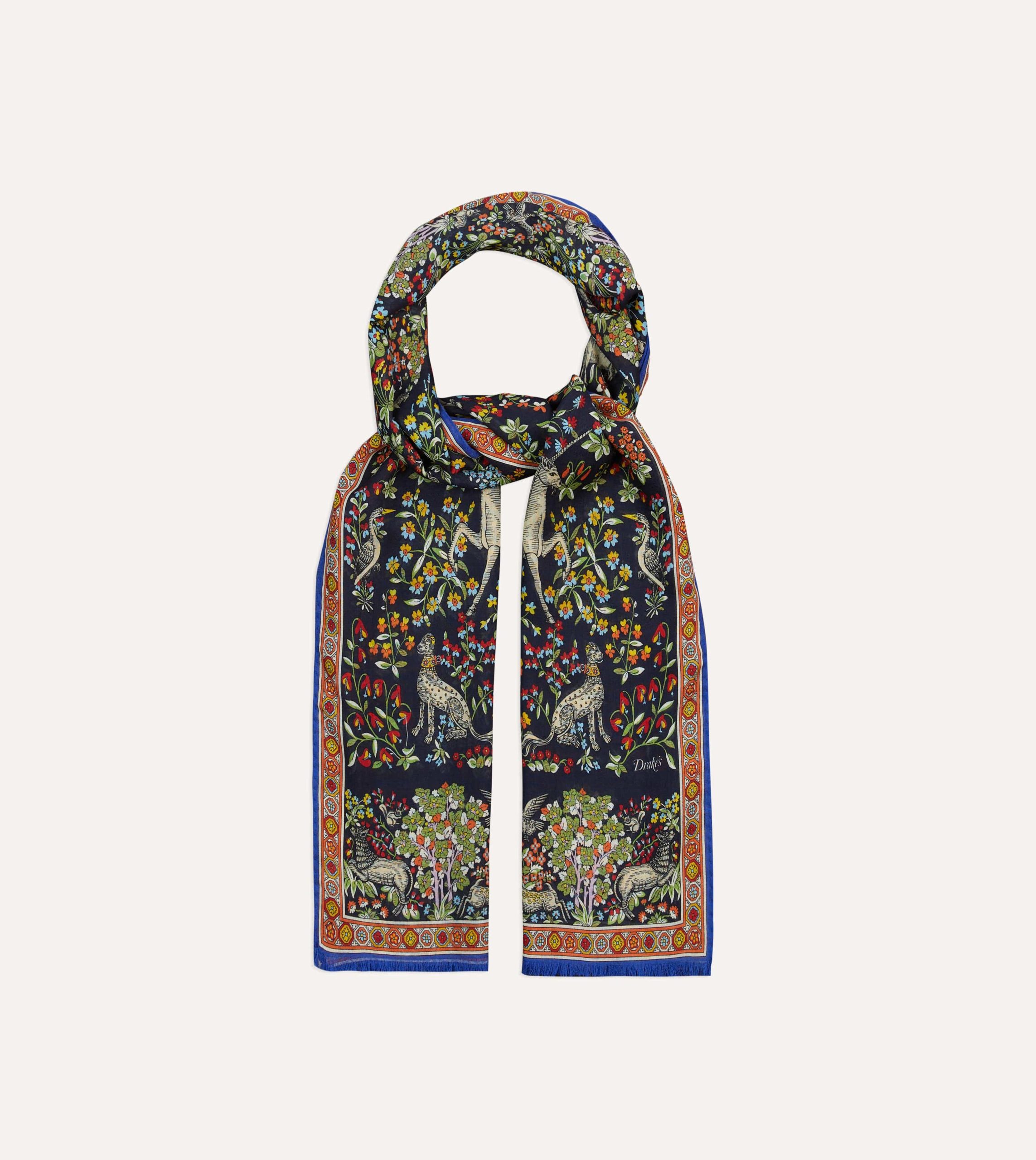 Navy Forest Animals Print Wool-Silk Scarf - Image 4