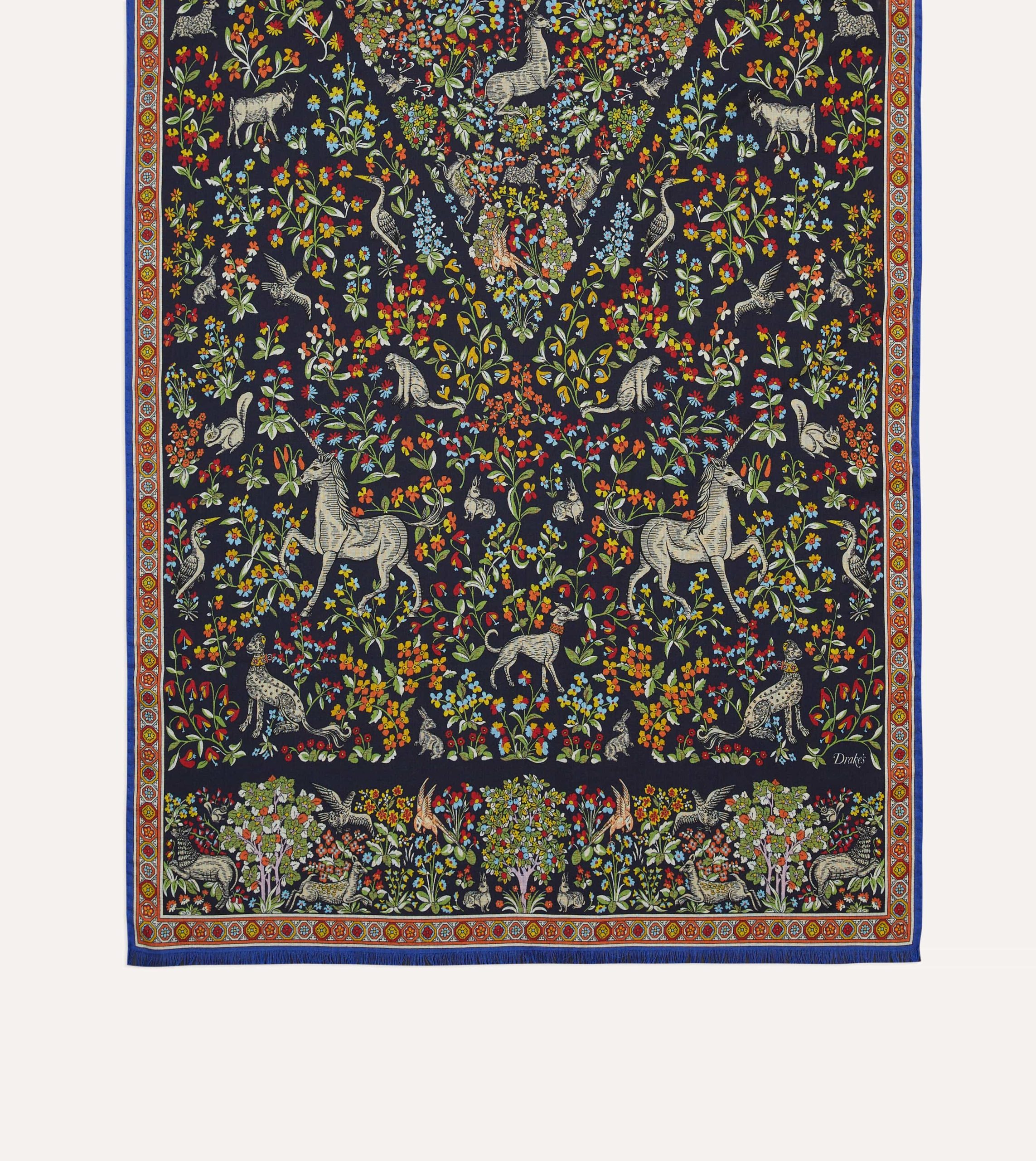 Navy Forest Animals Print Wool-Silk Scarf - Image 3