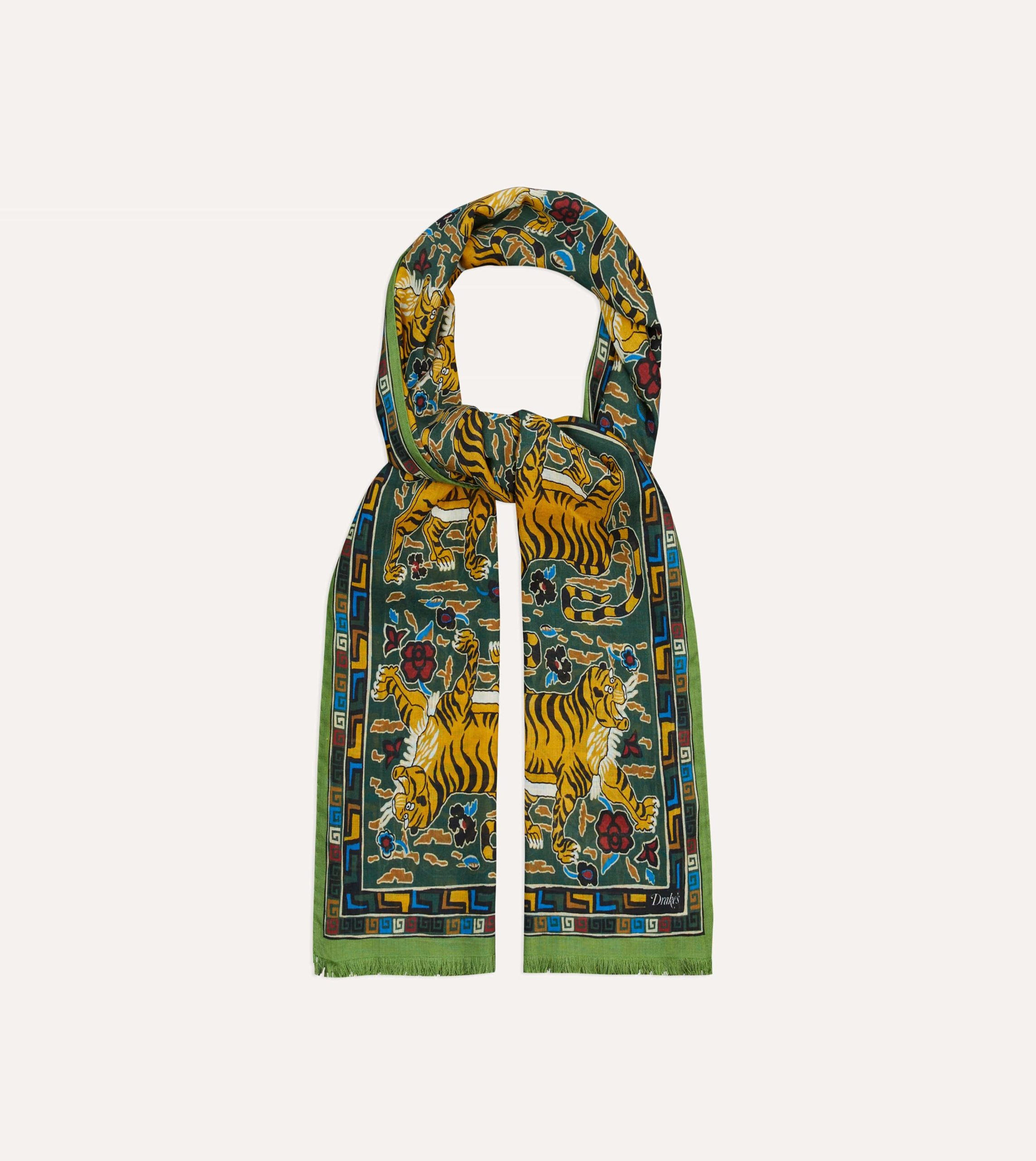 Green Tiger Print Wool-Silk Scarf - Image 4