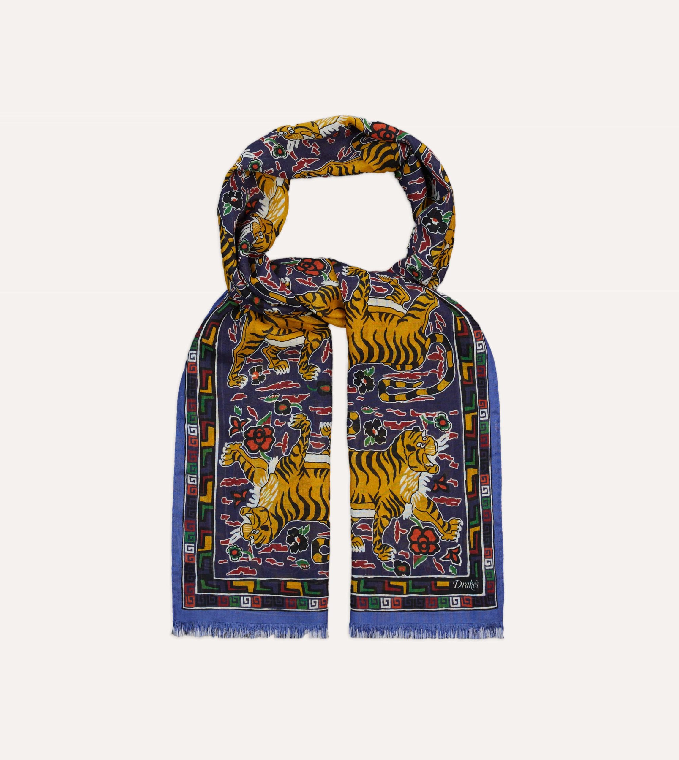 Blue Tiger Print Wool-Silk Scarf - Image 4