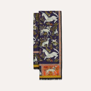 Navy Unicorn Tile Print Wool-Silk Scarf