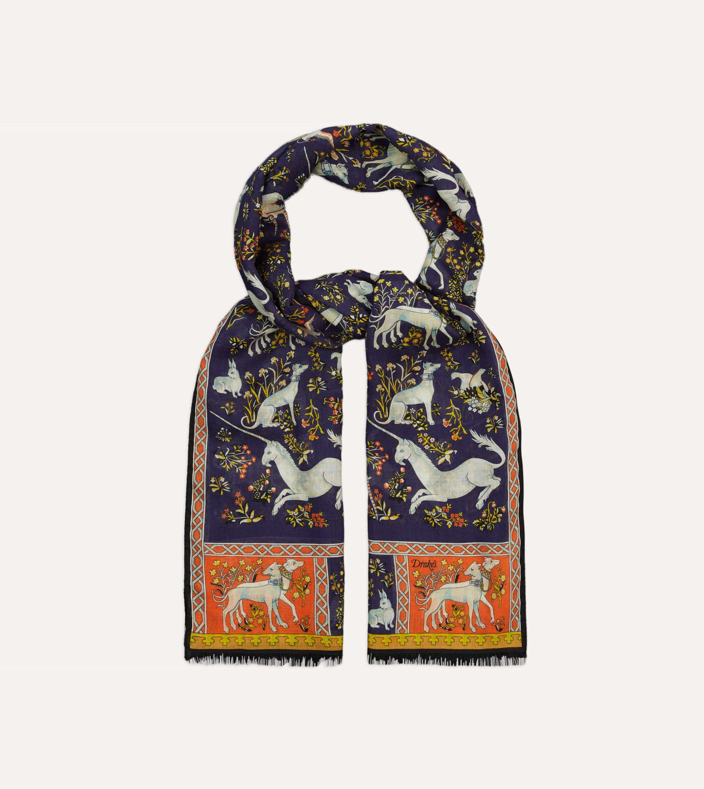Navy Unicorn Tile Print Wool-Silk Scarf - Image 4