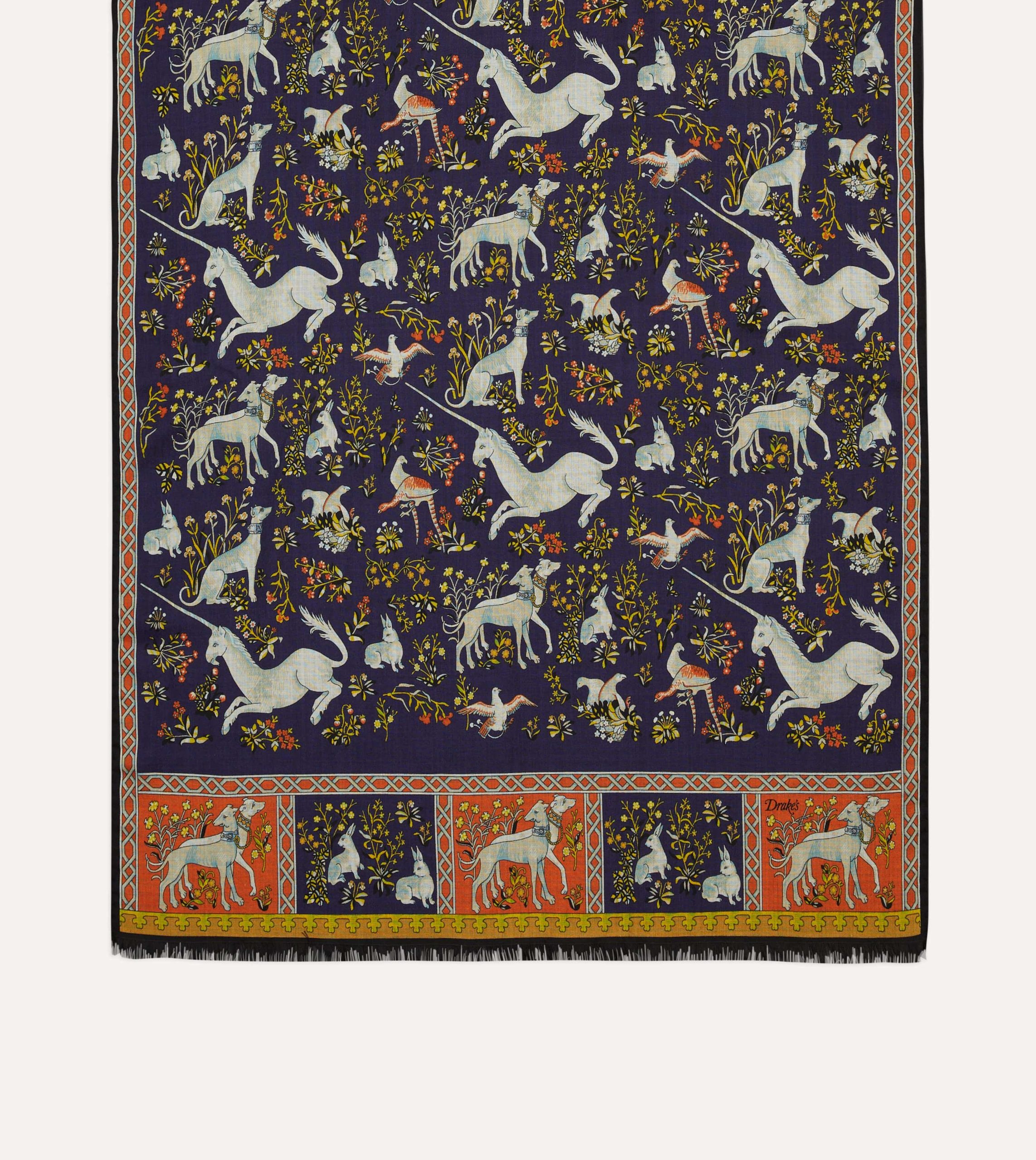 Navy Unicorn Tile Print Wool-Silk Scarf - Image 3