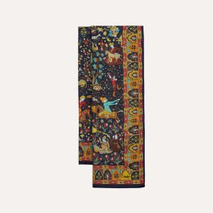 Navy Mughal Garden Print Wool Silk Scarf