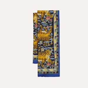 Blue Jumbo Tiger Print Wool-Silk Scarf