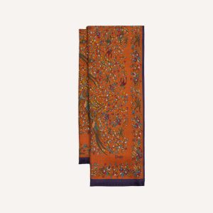 Orange Birds of Paradise Print Tubular Wool Silk Scarf