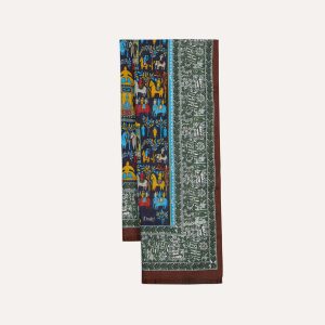 Navy Elephant Village Print Wool-Silk Scarf