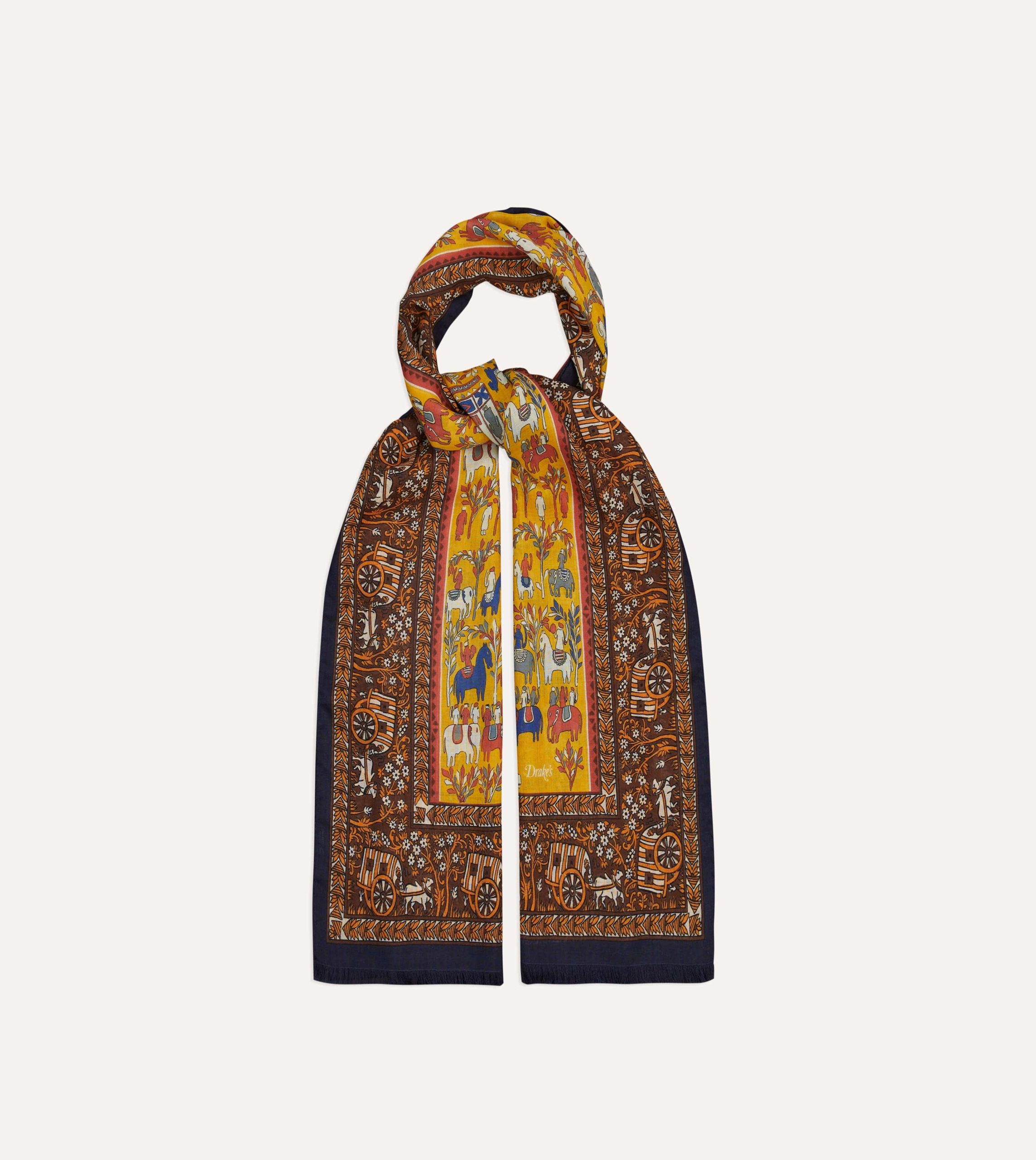 Yellow Elephant Village Print Wool-Silk Scarf - Image 4