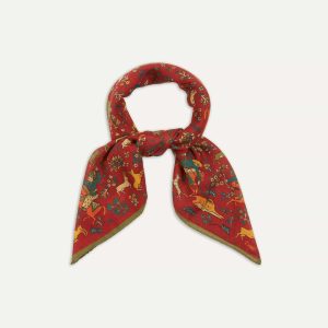 Red Mughal Print Wool-Silk Square Scarf