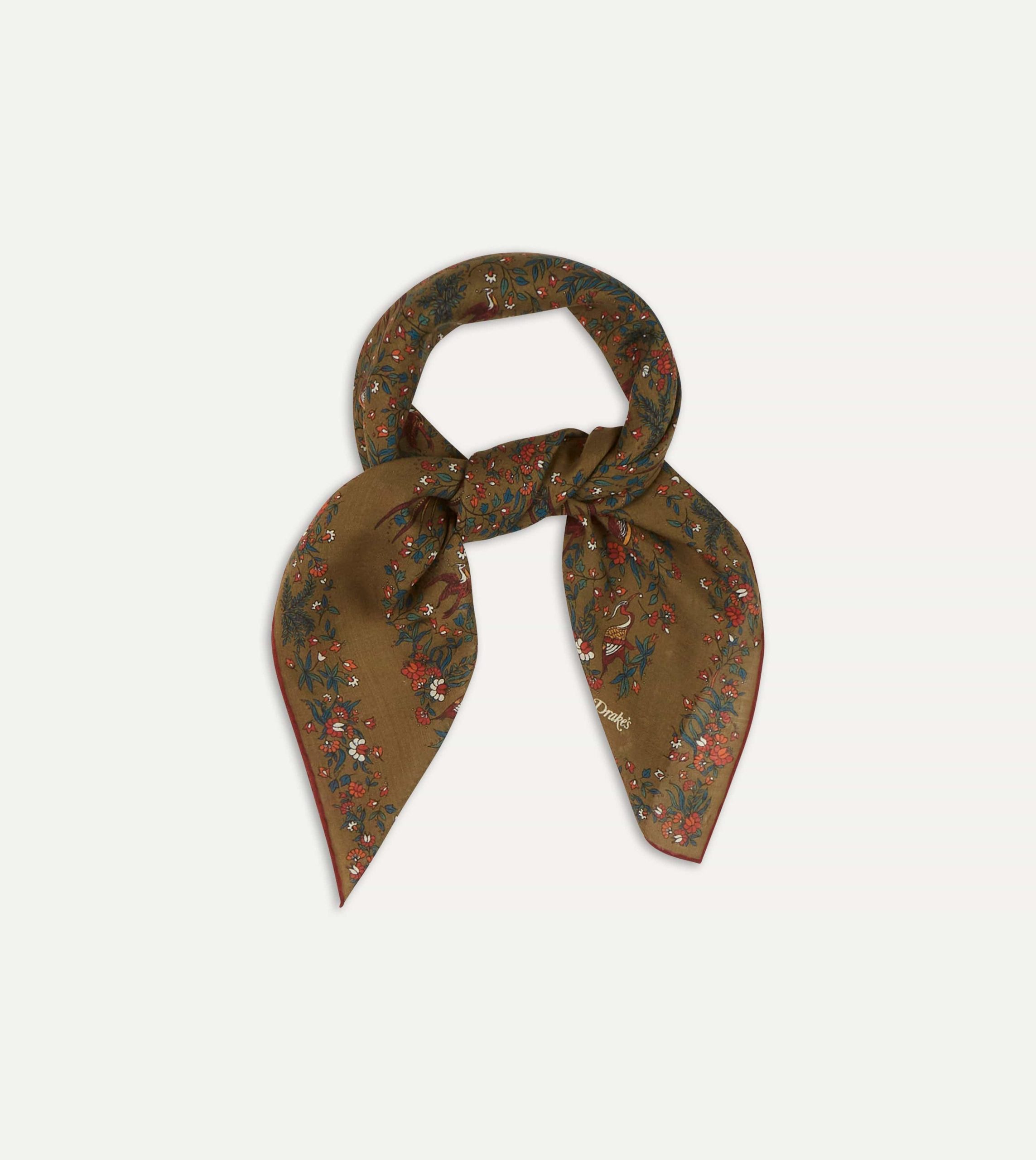 Olive Birds of Paradise Print Wool-Silk Square Scarf - Image 5
