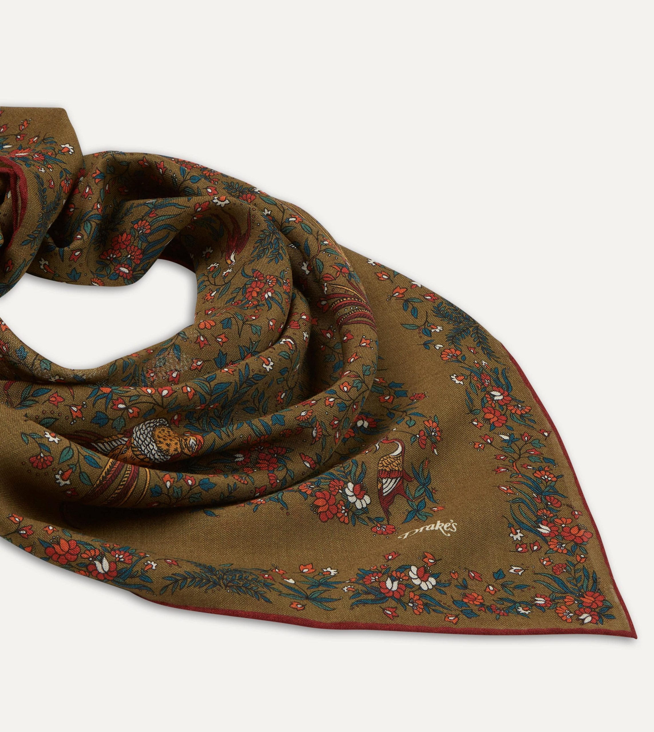 Olive Birds of Paradise Print Wool-Silk Square Scarf - Image 3