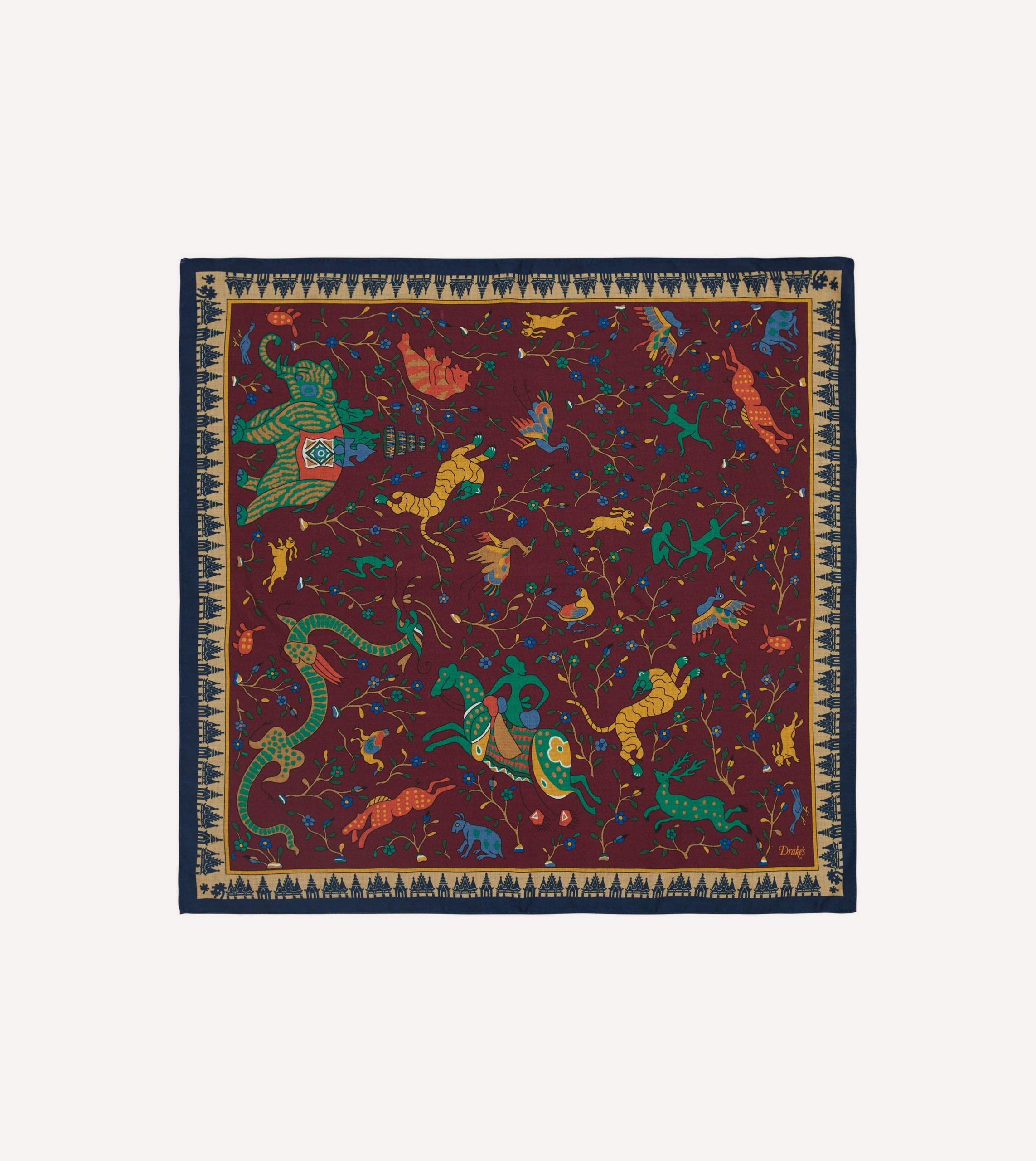 Red Mythical Animals Print Wool-Silk Bandana - Image 5