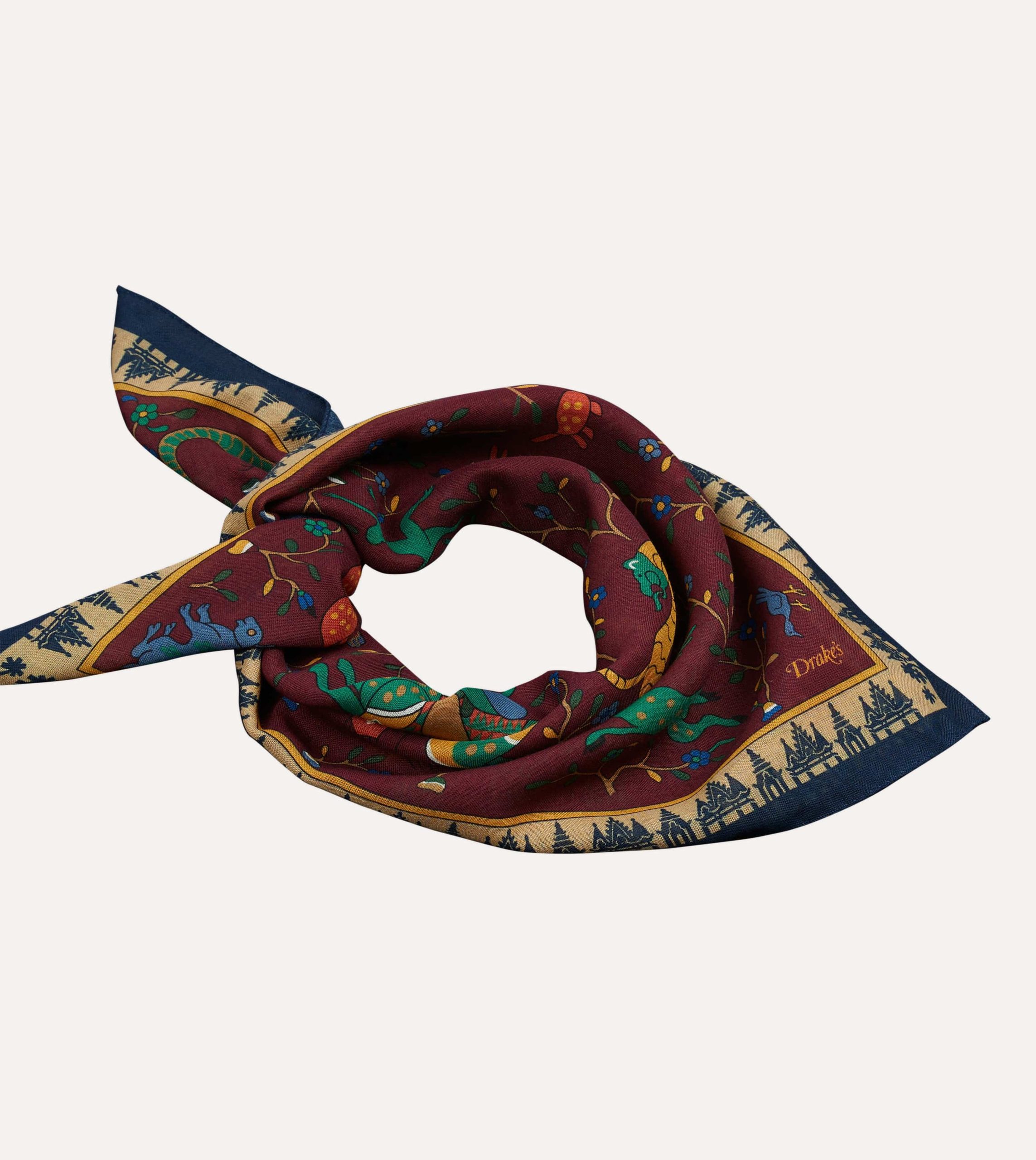 Red Mythical Animals Print Wool-Silk Bandana - Image 4