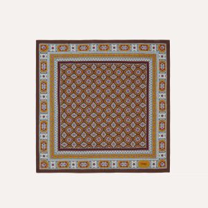 Brown. Blue and Gold Floral Medallion Print Wool-Silk Bandana