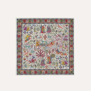 Ecru Floral Mughal Print Wool-Silk Bandana