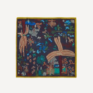 Navy Palm Print Wool-Silk Bandana