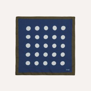 Olive. Navy and Ecru Large Spots Print Cotton-Silk Pocket Square
