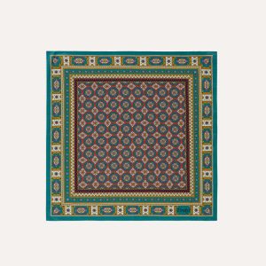 Green. Red and Gold Floral Medallion Print Silk Pocket Square