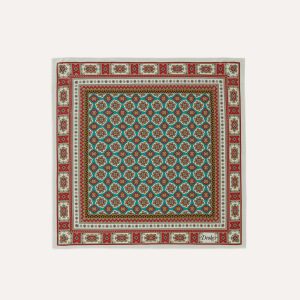 Ecru. Red and Gold Floral Medallion Print Silk Pocket Square