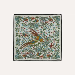 Ecru Birds of Paradise Print Wool-Silk Pocket Square