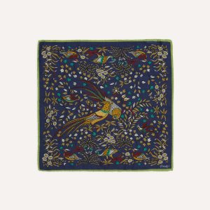 Navy Birds of Paradise Print Wool-Silk Pocket Square