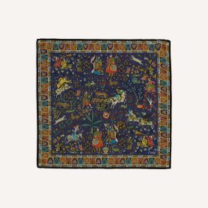 Navy Mughal Print Wool-Silk Pocket Square