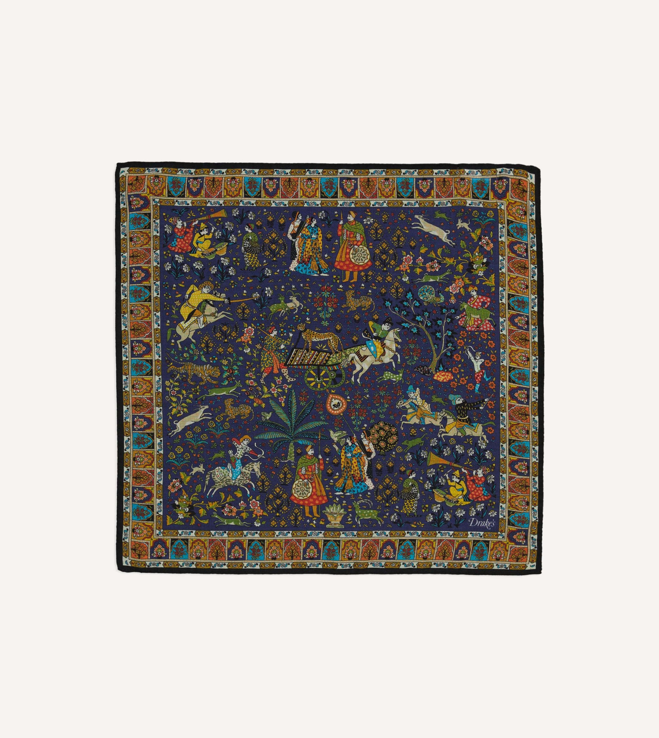 Navy Mughal Print Wool-Silk Pocket Square