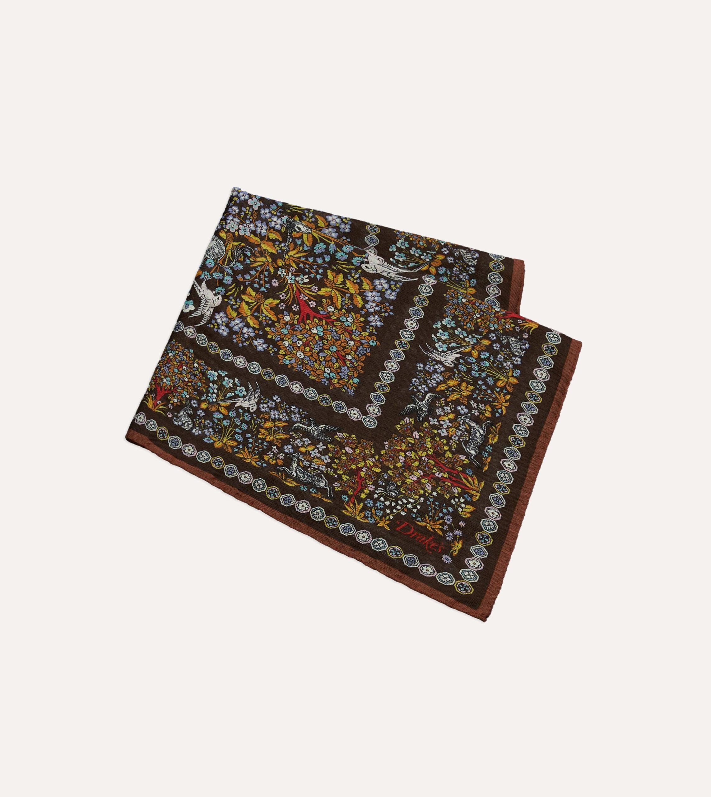 Blue Floral Unicorn Print Wool-Silk Pocket Square - Image 3