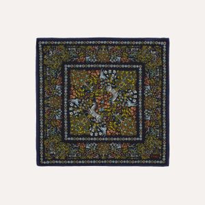 Orange Floral Unicorn Print Wool-Silk Pocket Square