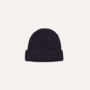 Navy Cashmere Ribbed Knit Beanie