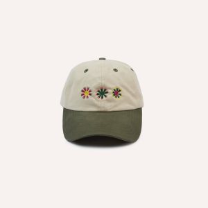 Ecru and Green Kantha Suns Emblem Cotton Baseball Cap