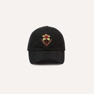 Washed Black Flower Emblem Cotton Baseball Cap