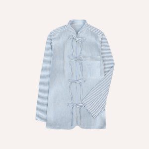 Blue and Ecru Stripe Tie Front Lightweight Overshirt